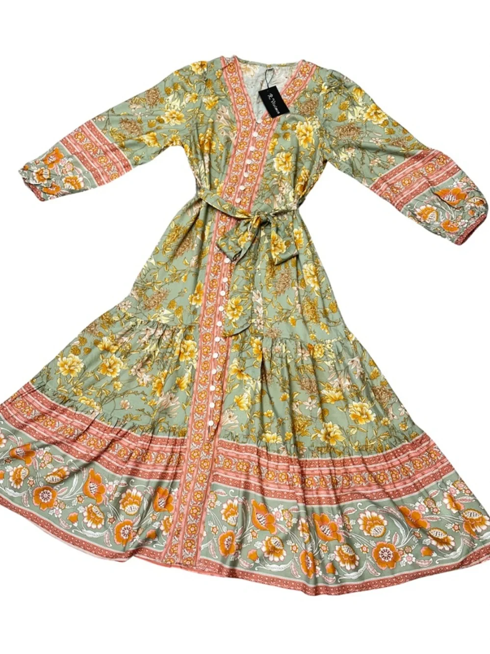 Boho Floral Midi Dress Sage Green Pink Border Print Button Front Size M NWT - Picture 3 of 15